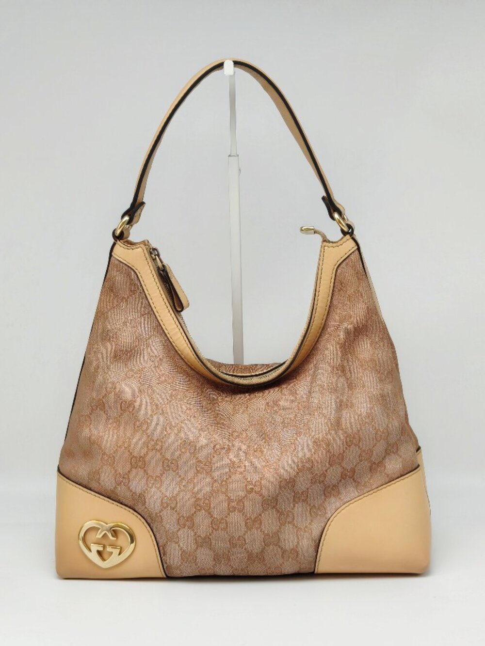 Gucci GG Canvas Hobo Shoulder Bag Beige Tan Gold Heart Logo Medium Vintage